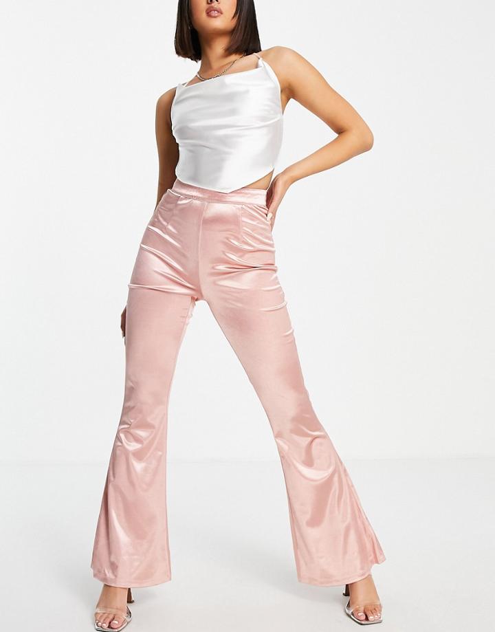 Club L London Satin Flared Pants In Peach - Part Of A Set-pink