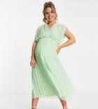 Asos Design Maternity Pleated Wrap Front Midi Dress In Light Green