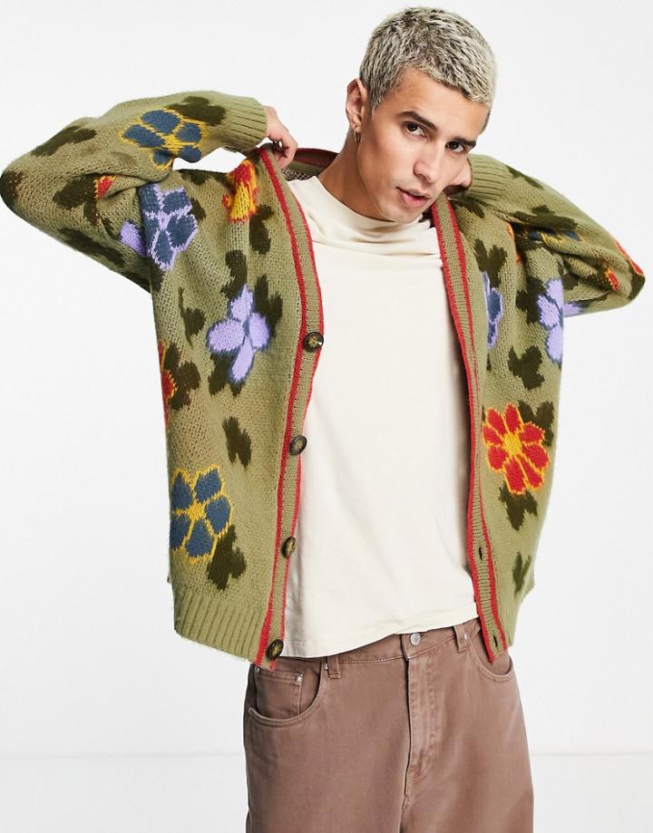 Asos Design Floral Knit Cardigan In Khaki-green