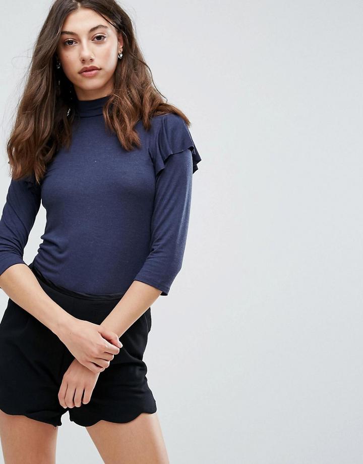 Pieces Frill Shoulder Turtleneck Top - Navy