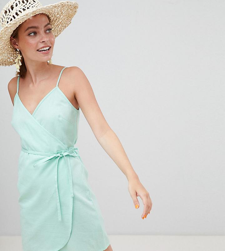 Asos Design Petite Linen Wrap Side Mini Sundress - Green