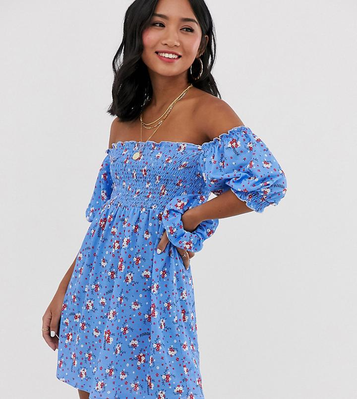 Asos Design Petite Exclusive Off Shoulder Shirred Mini Sundress With Matching Scrunchie-green