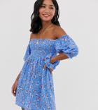 Asos Design Petite Exclusive Off Shoulder Shirred Mini Sundress With Matching Scrunchie-green