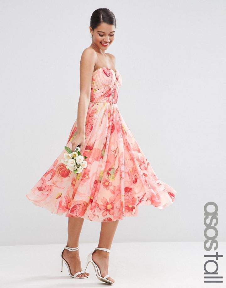 Asos Tall Wedding Multiway Mesh Midi Bandeau In Floral Print - Multi