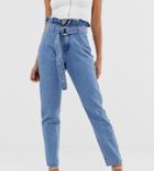 Missguided Mom Jeans With Paperbag Waist In Stonewash - Blue