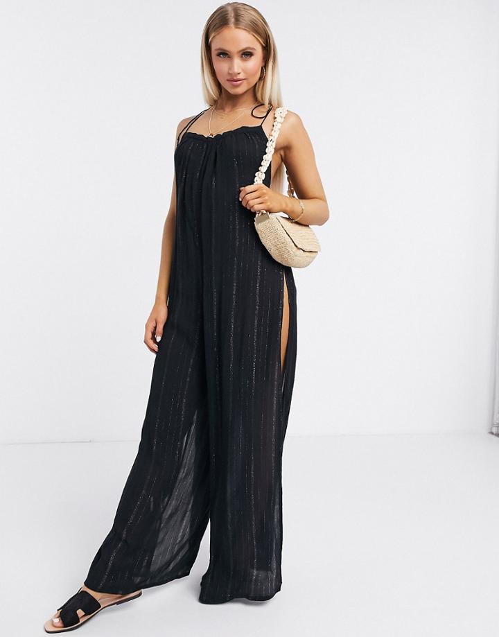 Asos Design Oversized Tie Shoulder Beach Romper In Black Metallic Stripe