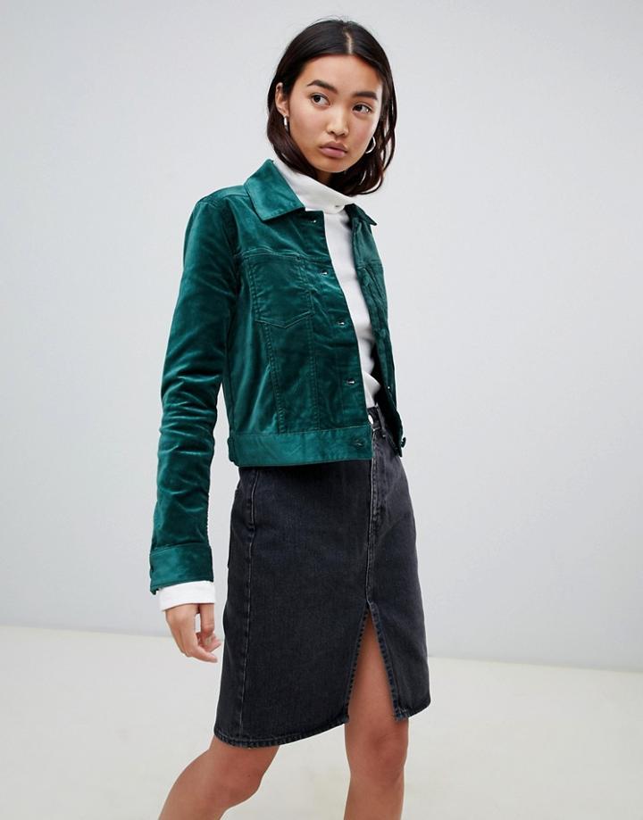 Weekday Velvet Trucker Jacket In Dark Green - Green
