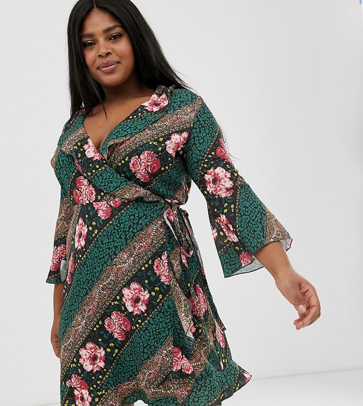 Outrageous Fortune Plus Ruffle Wrap Dress With Fluted Sleeve In Scarf Print