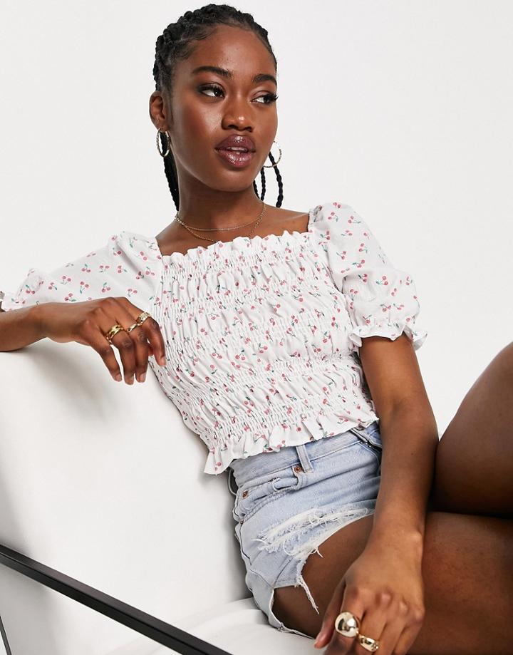 Qed London Shirred Top In Cherry Print-white