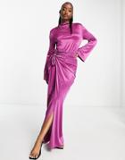 Asos Design Long Sleeve Knot Tie Waist Detail Maxi Dress In Dark Rose-pink