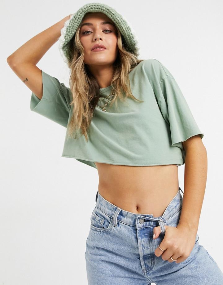 Asos Design Raw Edge Crop T-shirt In Washed Sage-neutral