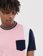 Asos Design Organic Relaxed Longline T-shirt With Stepped Hem And Color Block - Pink