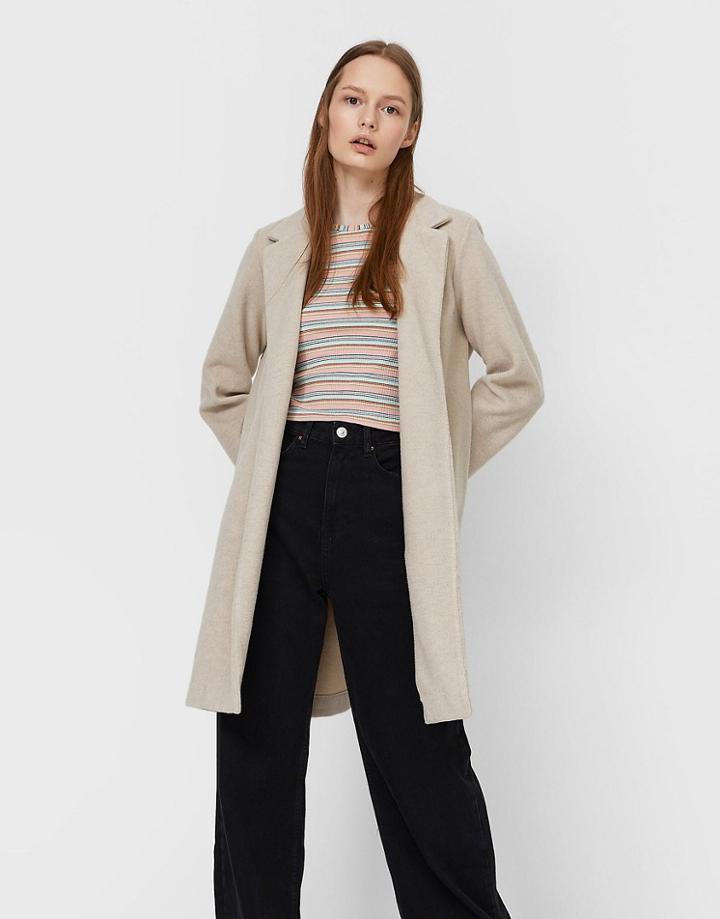 Stradivarius Knit Coat In Ecru-white