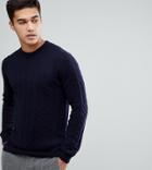 Moss London Cable Crew Neck Knitted Sweater In Lambswool - Navy