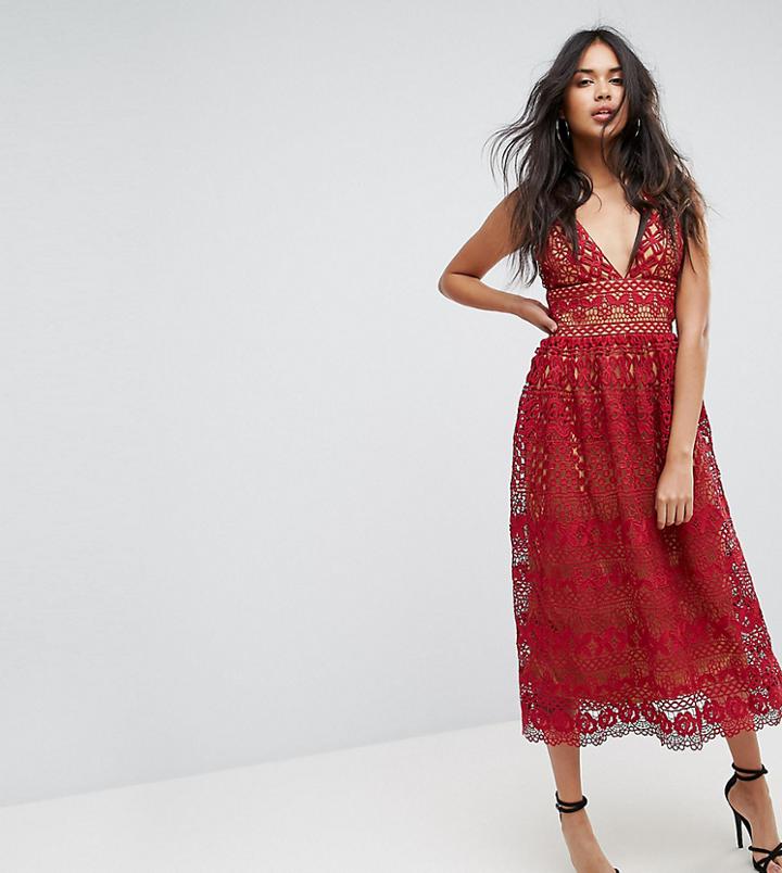 Boohoo V Neck Midi Lace Dress - Red