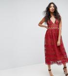 Boohoo V Neck Midi Lace Dress - Red