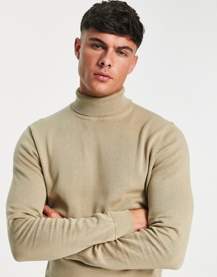 Only & Sons Cotton Roll Neck Sweater In Beige-neutral