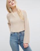Asos Cropped Sweater In Rib With Wide Sleeve - Stone