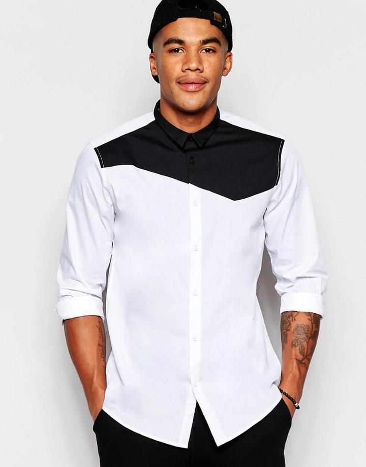 Asos White Shirt With Contrast Cut And Sew Angled Panel In Regular Fit - White