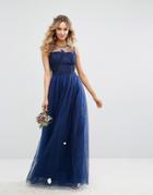 Chi Chi London Embroidered Tulle Maxi Dress With Button Back - Navy