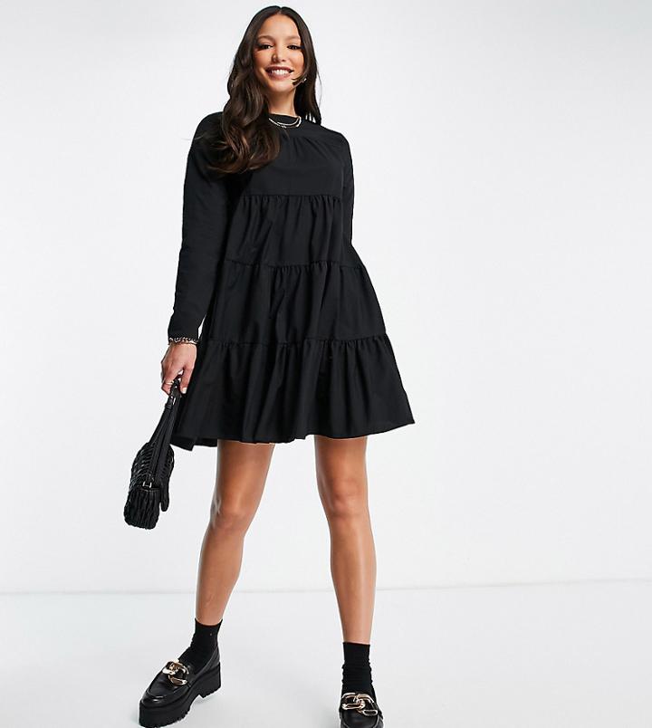 Asos Design Tall Cotton Poplin Tiered Long Sleeve Mini Smock Dress In Black