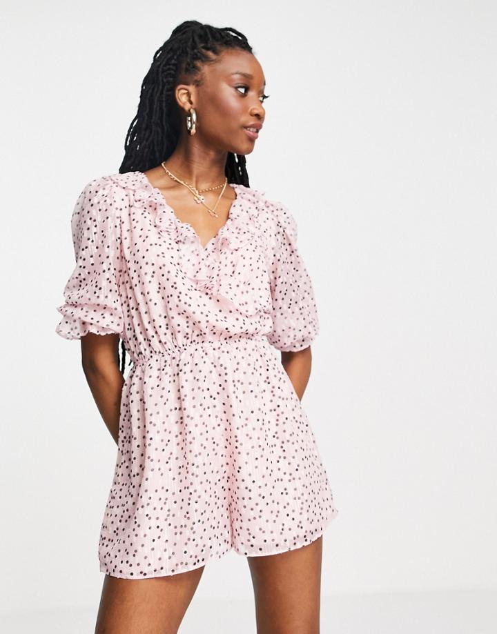 Miss Selfridge Spot Textured Wrap Romper In Pink