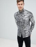 Twisted Tailor Skinny Fit Shirt In Silver Foil Print - Silver