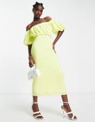 Asos Design Off The Shoulder Puff Detail Midi Dress In Lemon-yellow