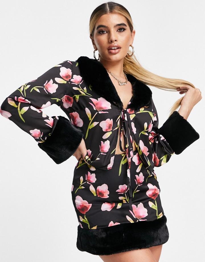 Asos Design Satin Mini Skirt In Floral Print With Fur Trim - Part Of A Set-multi