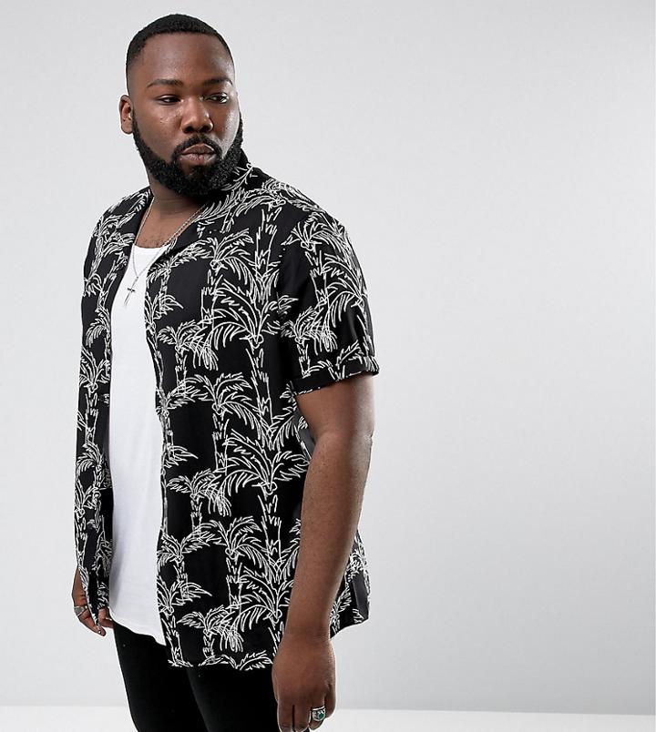 Asos Design Plus Regular Fit Leaf Print Shirt With Revere Collar - Black