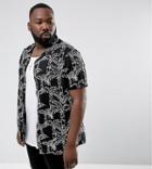 Asos Design Plus Regular Fit Leaf Print Shirt With Revere Collar - Black