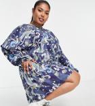 Daisy Street Plus Long Sleeve Smock Dress In Cosmic Print-multi