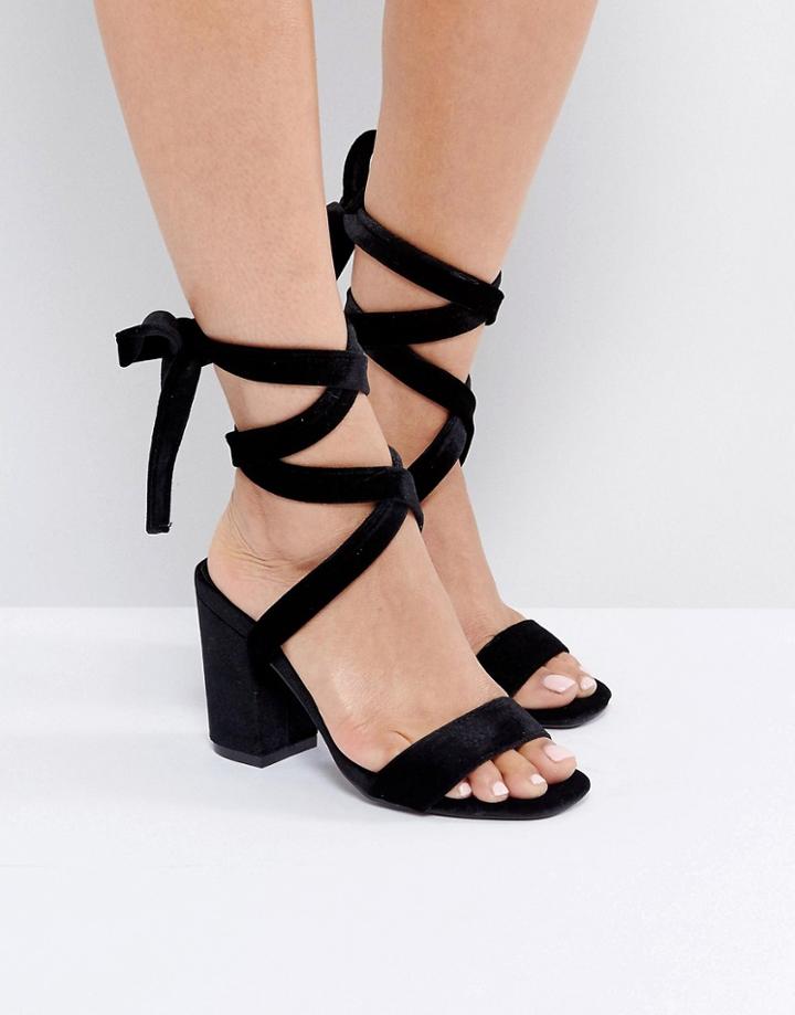 Park Lane Tie Ankle Block Velvet Heel Sandal - Black