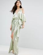 Asos Kimono Plunge Cold Shoulder Wrap Maxi Dress - Green