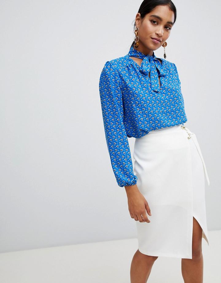 Vesper Floral Long Sleeve Tie Neck Blouse - Blue