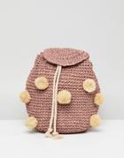 Pull & Bear Pom Pom Woven Backpack In Pink - Pink