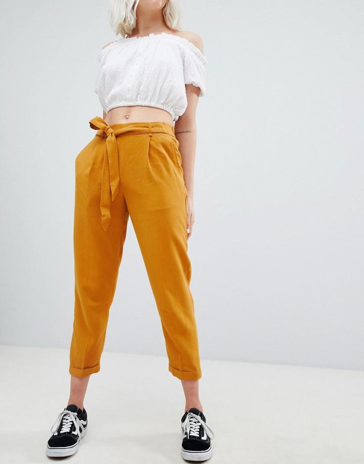 Pull & Bear Tie Waist Tapered Pants In Mustard - Yellow