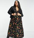 Asos Design Curve Midi Smock Dress With Shirred Cuffs In Black Base Floral Print-multi