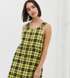 Monki Overall Dress In Yellow Check-multi