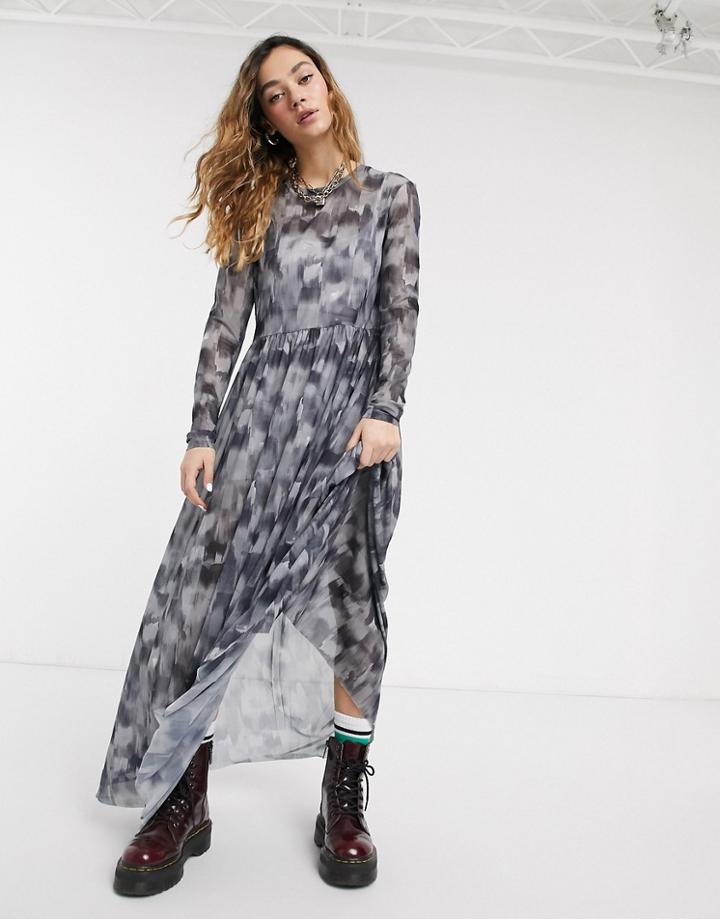 Noisy May Mesh Maxi Dress In Black Smudge Print-multi