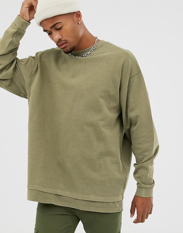 Asos Design Oversized Sweatshirt In Washed Khaki Slub With T-shirt Hem-green