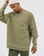 Asos Design Oversized Sweatshirt In Washed Khaki Slub With T-shirt Hem-green