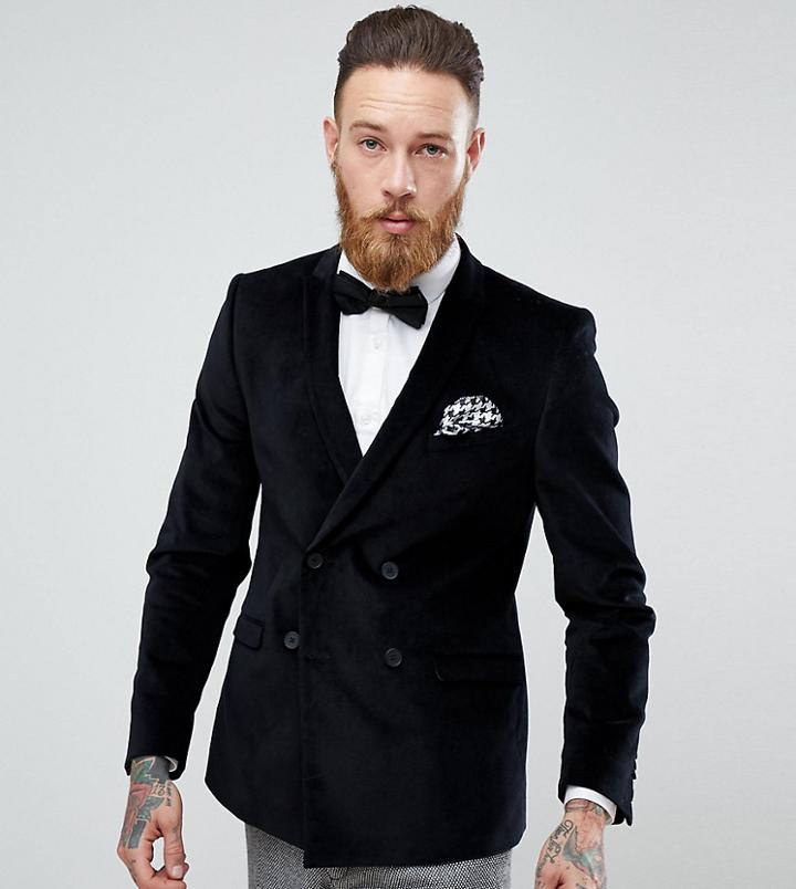Heart & Dagger Skinny Double Breasted Velvet Blazer - Black