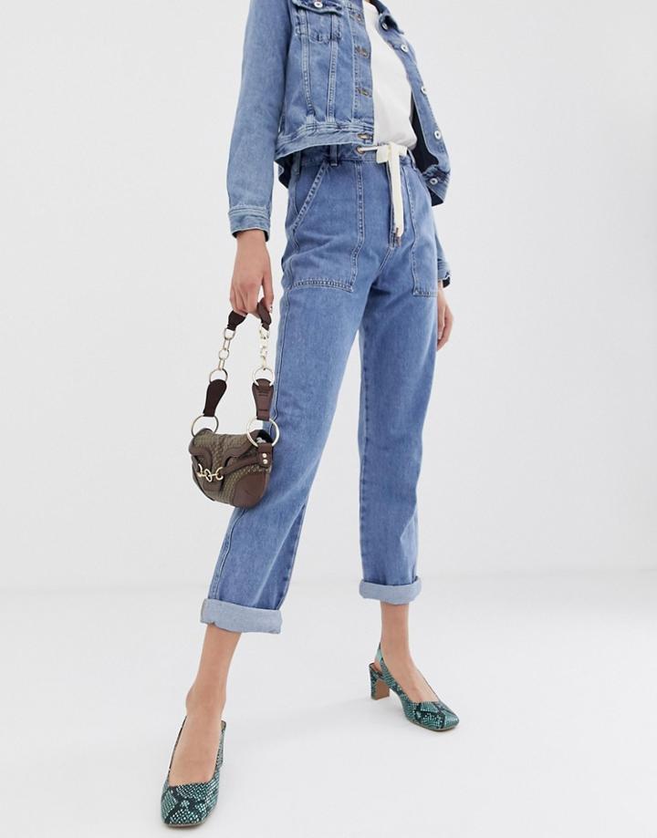 River Island Utility Mom Jeans In Mid Wash-blue