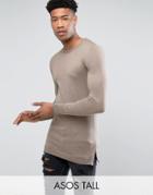 Asos Tall Muscle Fit Longline Sweater With Side Zips In Oatmeal - Beige