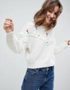 Asos Sweater With Pom Poms And Floral Embroidery - Cream