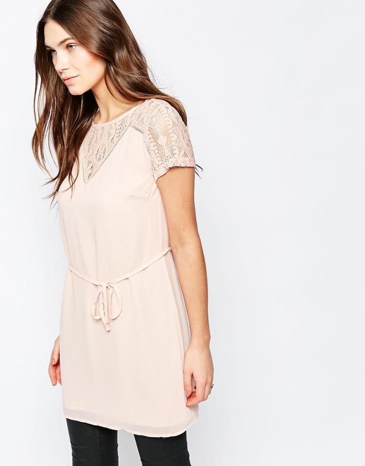 Vila Short Sleeve Tunic With Lace Detail - Rose Smoke