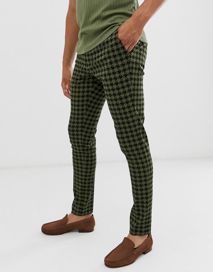 Asos Design Super Skinny Smart Pants In Khaki Houndstooth Check With Turn Up - Green