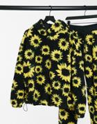Daisy Street Oversized Hoodie In Sunflower Print Teddy Fleece-black