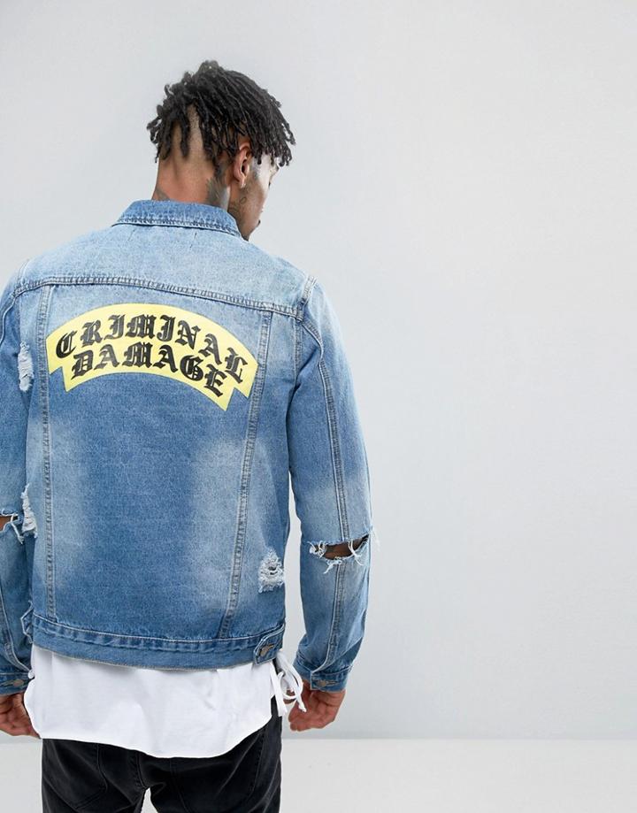 Criminal Damage Denim Jacket With Distressing And Back Print - Blue